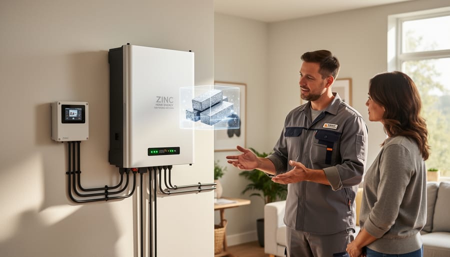 Zinc battery energy storage system mounted on basement wall in residential setting