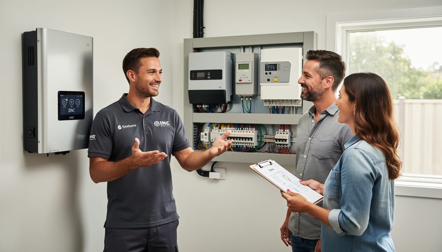 Homeowner consulting with professional installer about zinc battery system installation