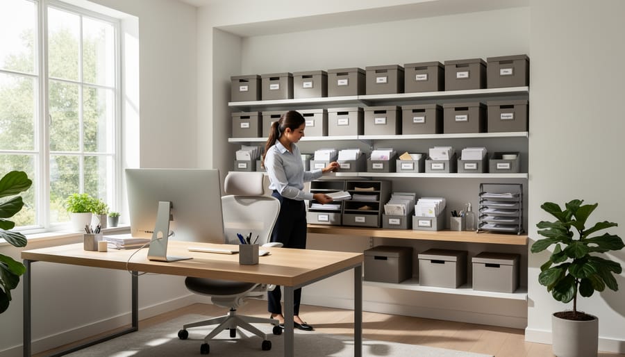 A professional organizer tidying a home office shelf with neat storage bins
