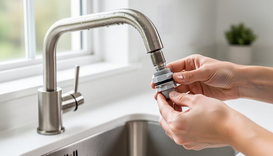 Close-up of a faucet-side connection area with a dishwasher hose and adapter on a kitchen sink counter.