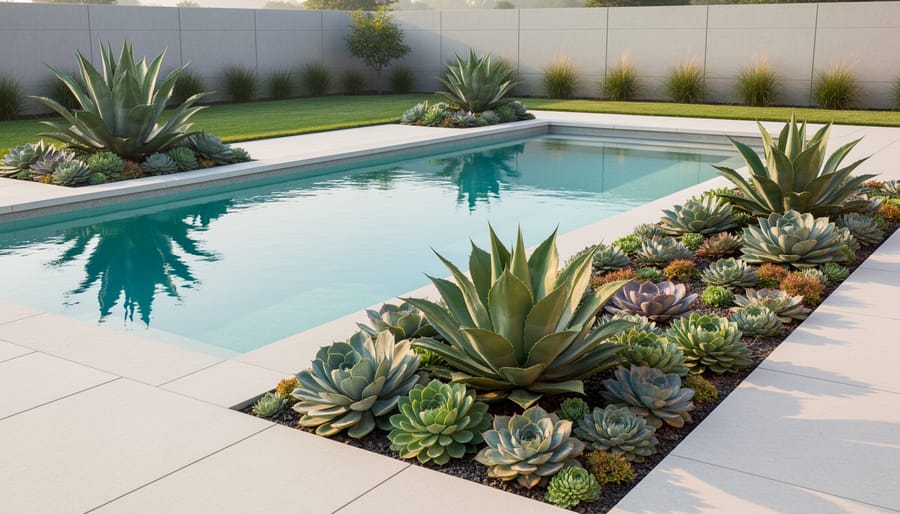 Close-up of agave and succulent plants growing in a poolside planting bed by wet stone pavers.