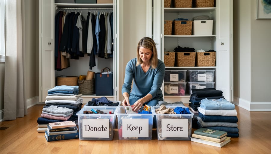Hands sorting clothing into clear storage containers during closet organization
