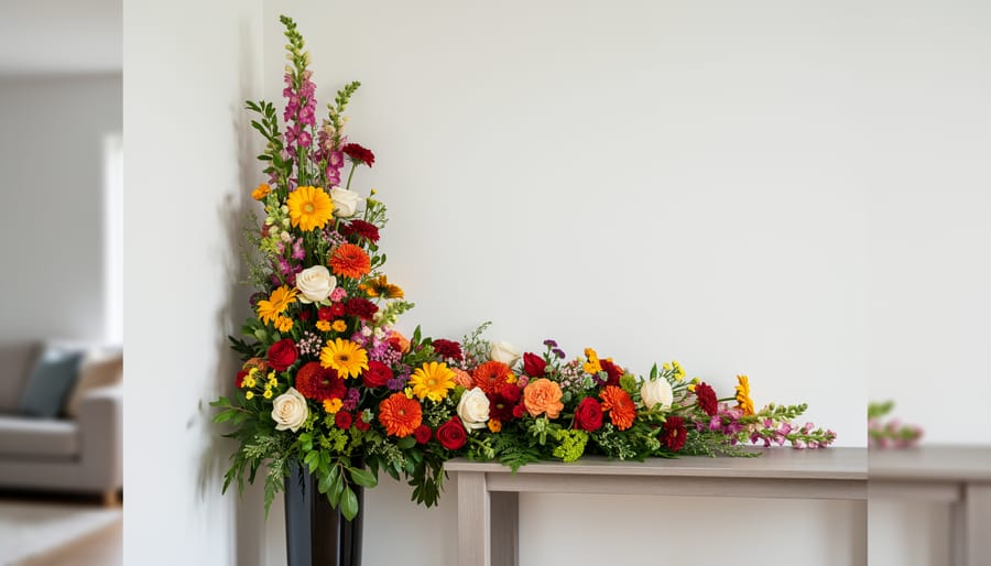 L shape floral arrangement displayed in a living room corner with vertical and horizontal lines of flowers and greenery.
