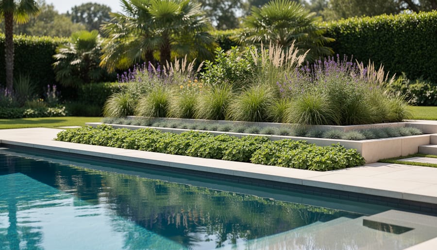 Layered poolside landscaping plants along a backyard pool edge with grasses, a compact shrub, and ground cover.