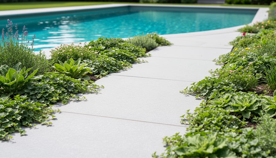 Low-growing ground cover plants along a pool deck edge softening the border.