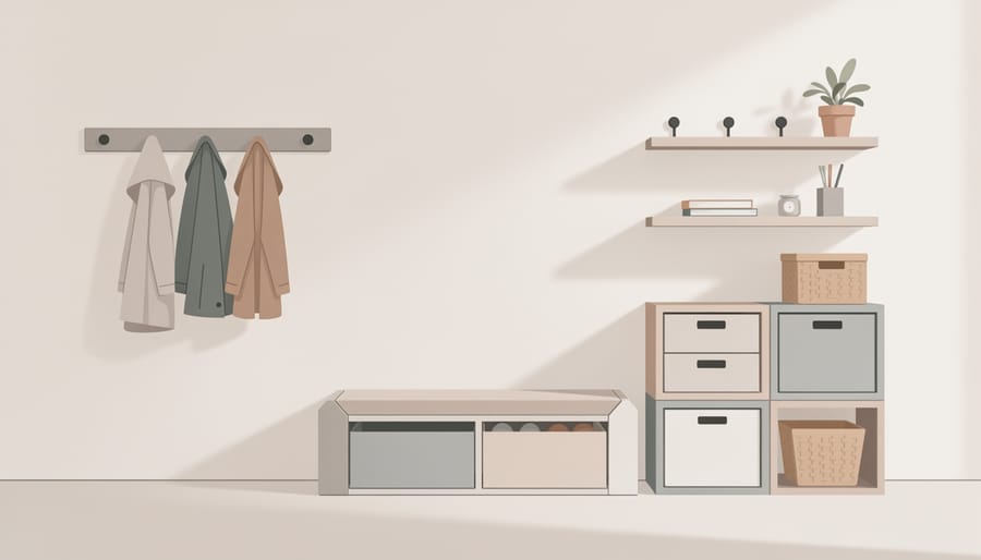 Neatly organized entryway with coordinated coats and shoes on storage racks