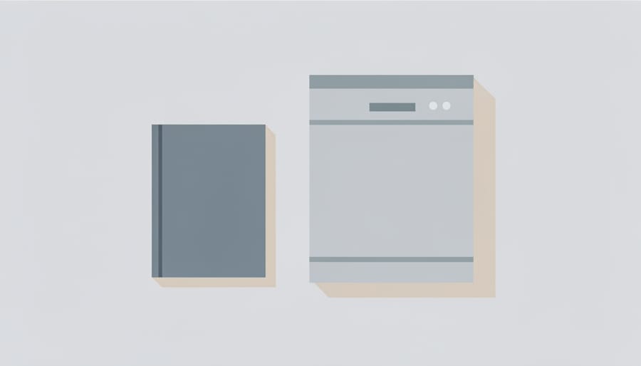 Open dishwasher owner’s manual on a kitchen counter next to a portable dishwasher, with a hand indicating a section.