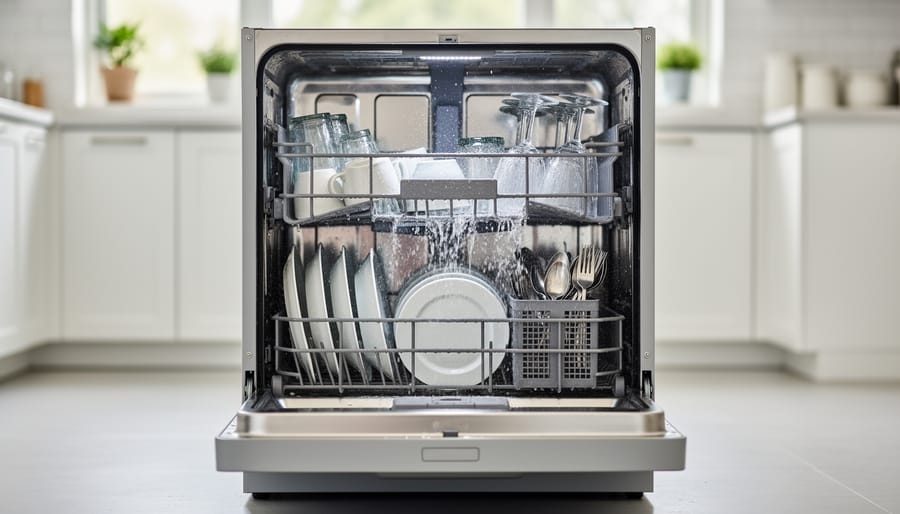 Open dishwasher with clean glassware and cutlery on the rack under soft light.