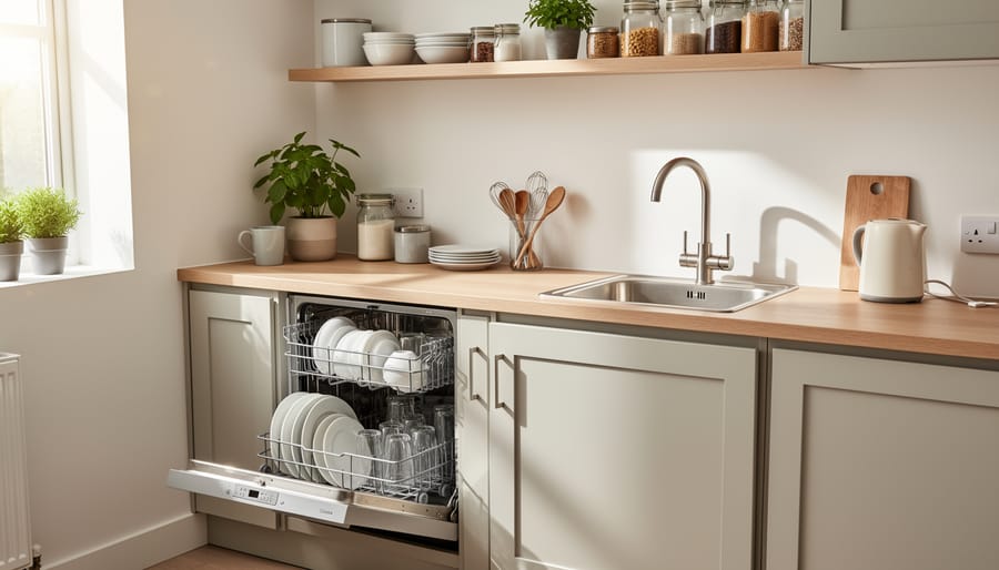 Person placing dishes into a stainless portable dishwasher in a small kitchen.