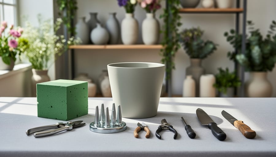 Staged floral arrangement materials including floral foam, shears, floral knife, greenery stems, and a ceramic container on a worktable.