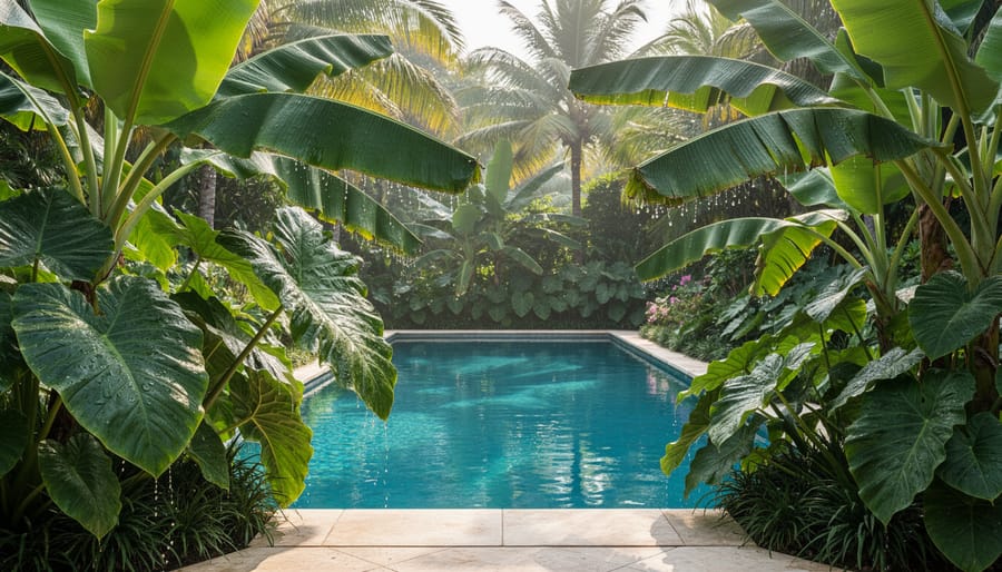Tropical poolside plants including bird of paradise and elephant ear with golden hour lighting.