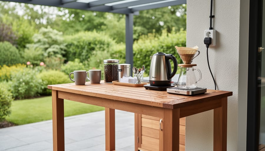 Teak outdoor coffee station next to covered patio area with outdoor-rated equipment and safe power placement