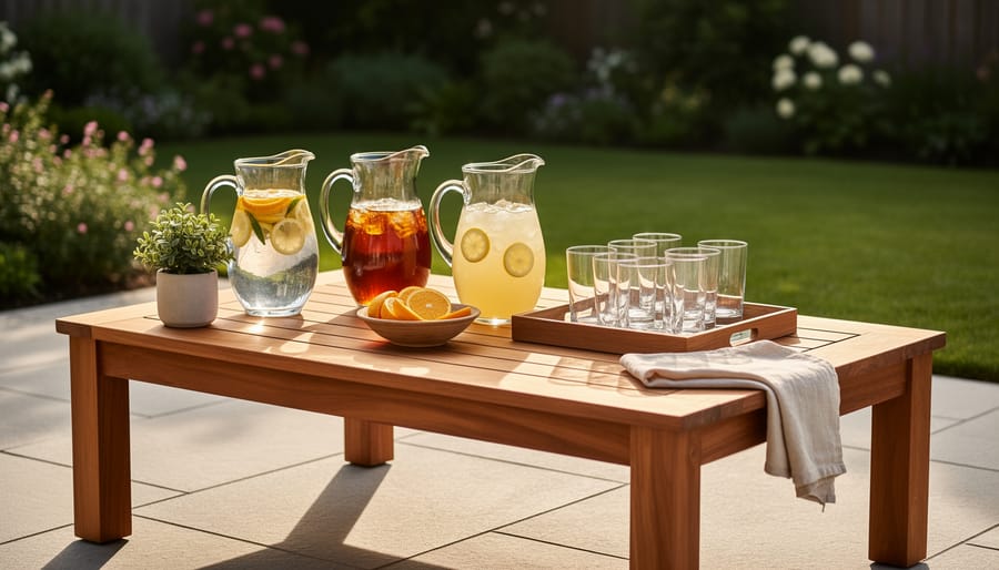 Teak outdoor coffee table arranged with a French press, mugs, kettle, and tea accessories on a patio