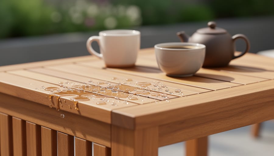 Close-up of teak wood with water droplets beading on the surface