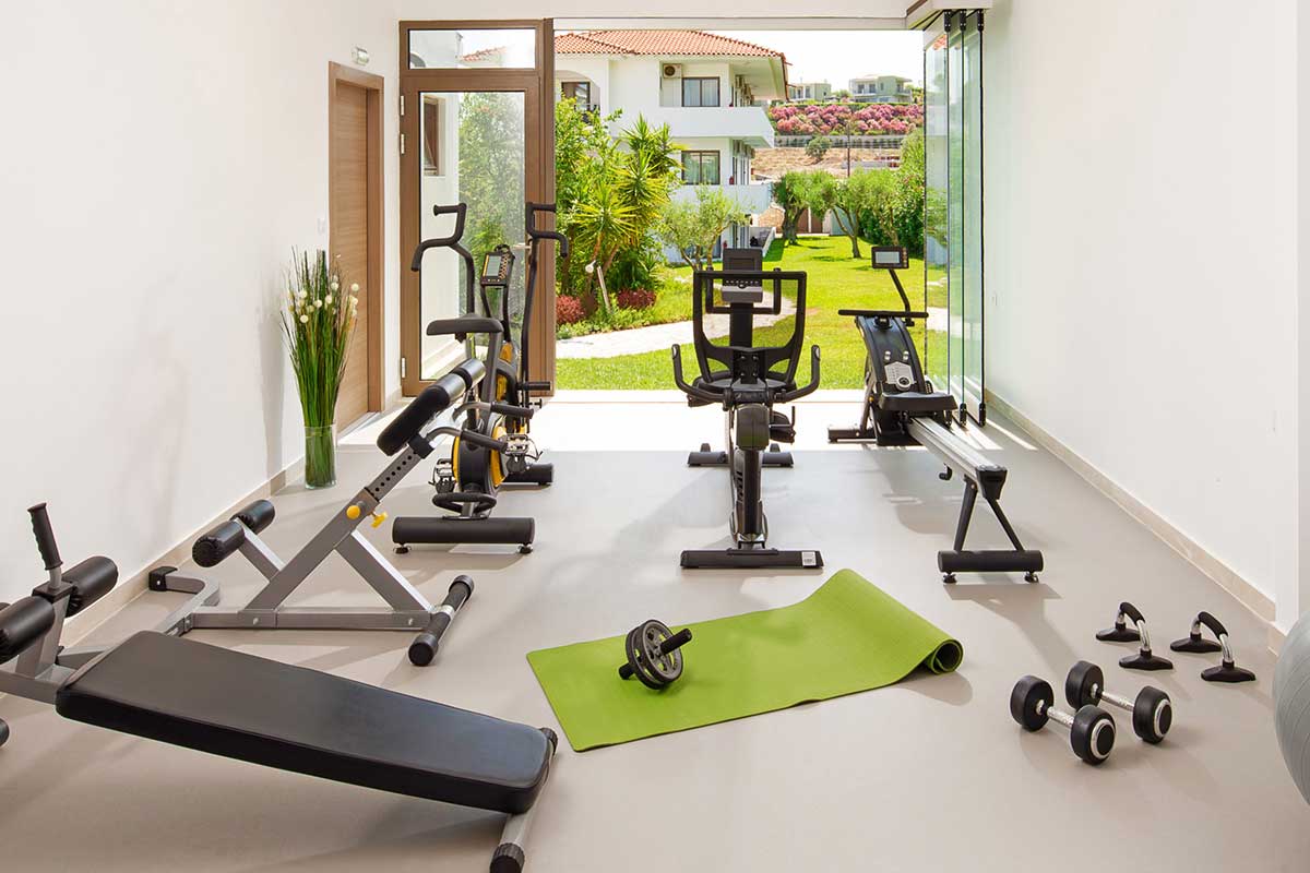 Modern concept of green nature eco style gym. Front view of styl