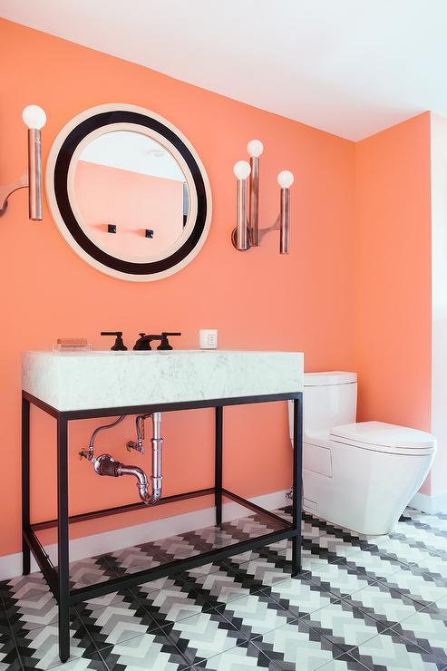 peach painted bathroom walls
