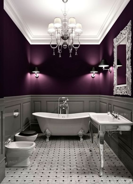 purple bathroom with white ceiling and lights