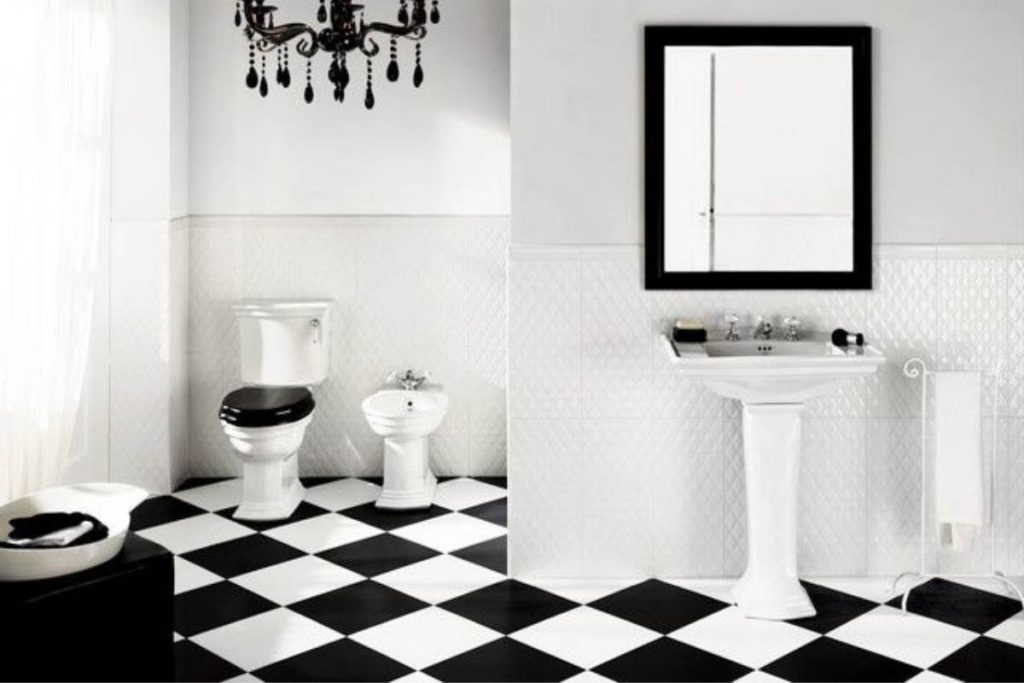 white color paint and black and white tile floor bathroom