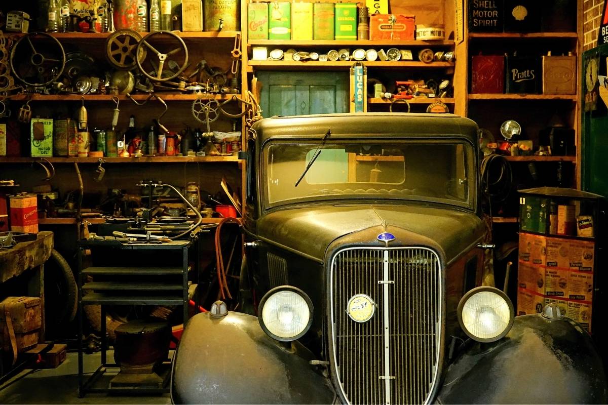 classic car in garage