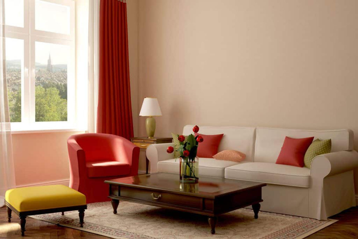 Red Curtains and beige walls