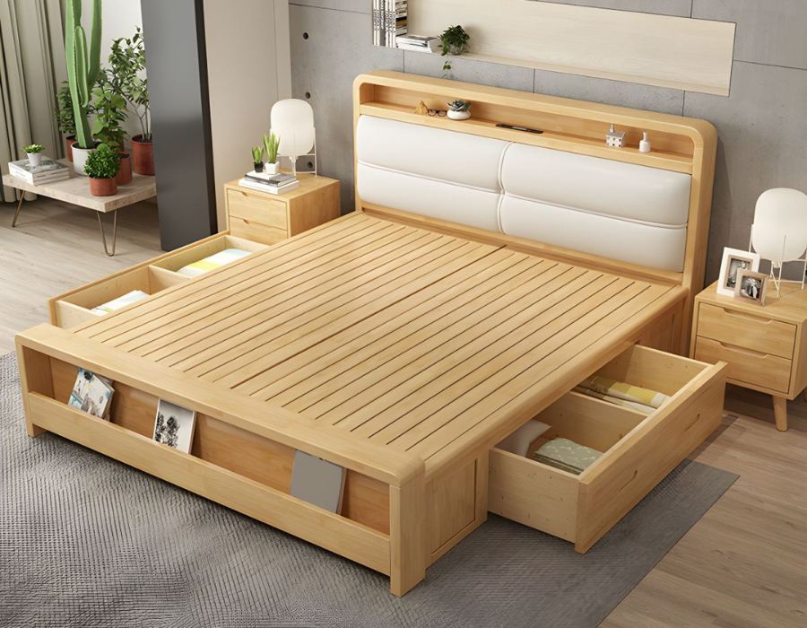 California king panel bed frame with pull-out storage drawers