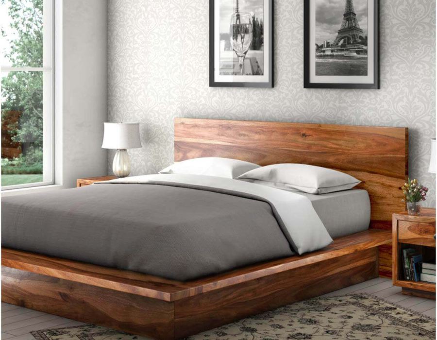 platform bed frame made of stained solid wood