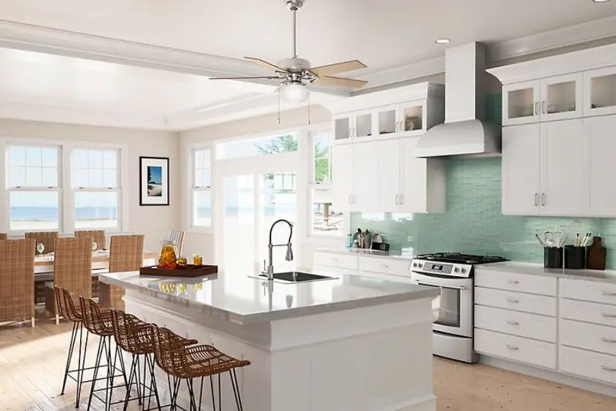light modern kitchen interior with ceiling fan