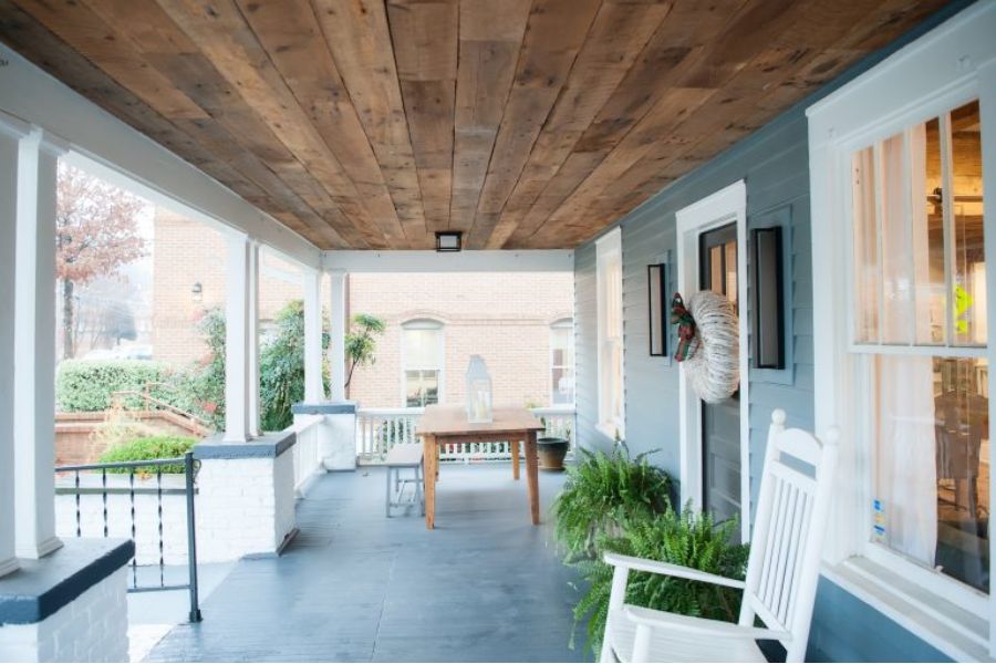 porch with ceiling made of wood from old barns