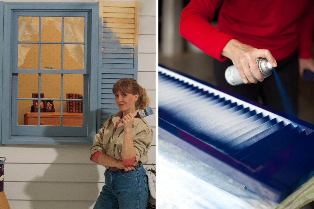 person spraying and painting blue vinyl shutters