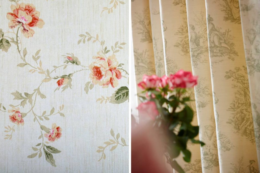 floral wall paper and curtains with rose prints