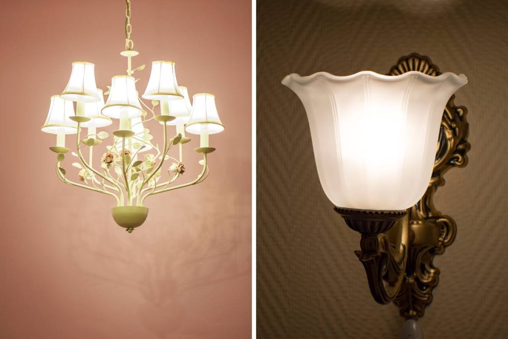 chandelier and wall sconces with frosted glass