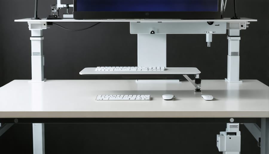 Close-up view of a standing desk's lead screw lifting mechanism in action