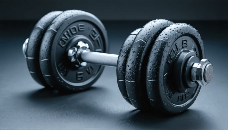 Modern adjustable dumbbells sitting on a black rubber exercise mat