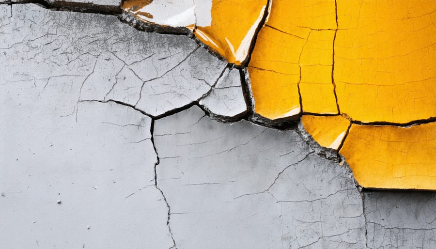 Basement wall showing water damage, foundation cracks, and mineral deposits
