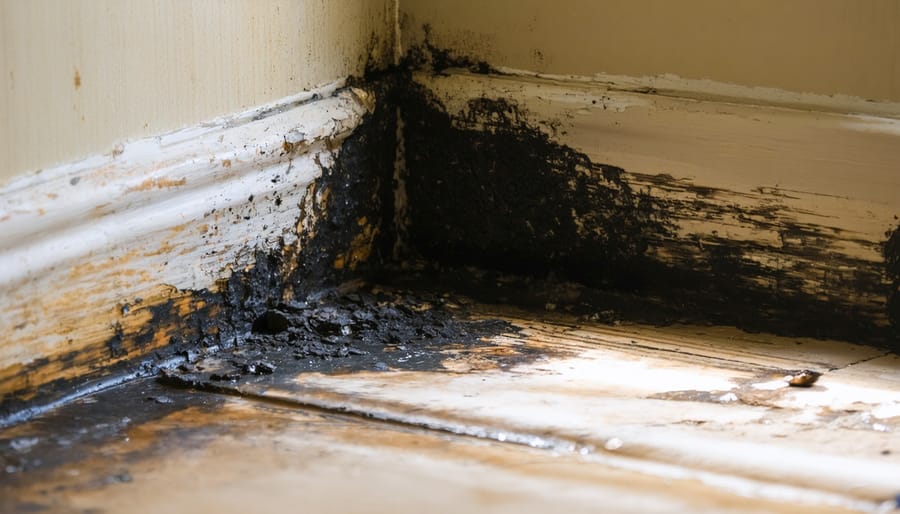 "Black mold growing on a water-damaged interior wall corner, emphasizing the need for urgent professional intervention."