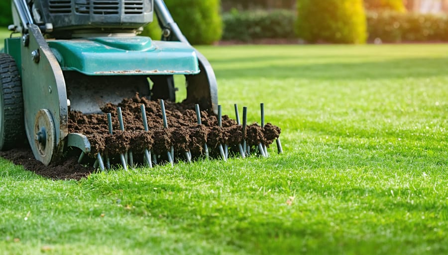 Core aerator machine pulling soil plugs from residential lawn