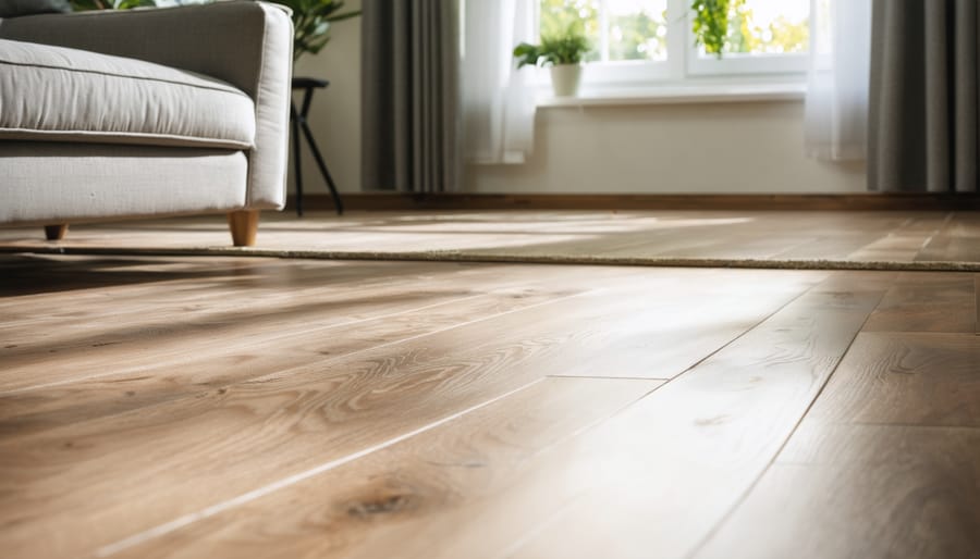 "Hands-on DIY installation of laminate flooring in a modern living room with natural light highlighting wood pattern."