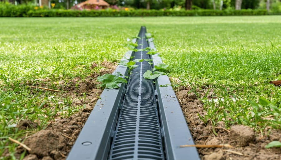"Flat yard with French drain installation and modern drainage solutions under progress, featuring lush grass and a vibrant landscape."