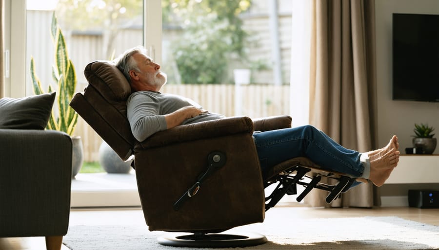 Adult resting in a modern fully reclined chair, nearly flat, in a cozy living room with soft natural light and blurred decor in the background.