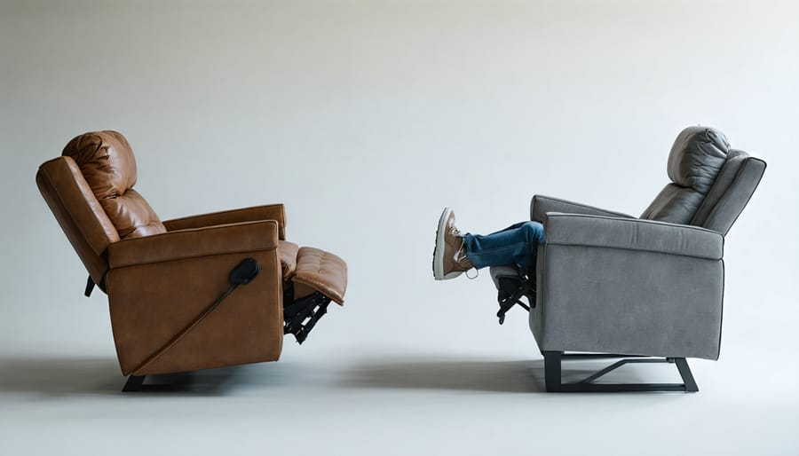 Side-by-side comparison of a fully reclining recliner in flat position next to a standard recliner showing angle difference