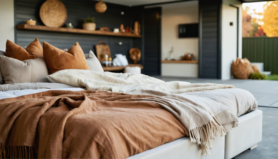 "Interior view of a garage transformed into a cozy bedroom with a focus on a comfortable bed, warm lighting, and modern decor touches."