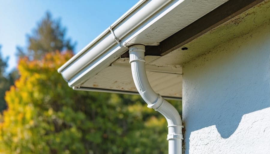 Clean residential gutters and downspout extension system on house exterior