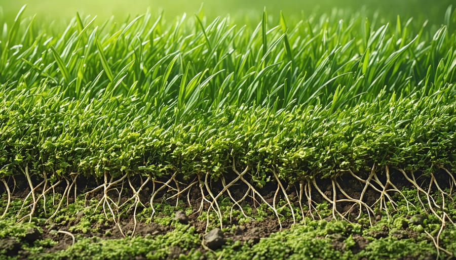 Close-up view of grass root system growing in loose, healthy soil