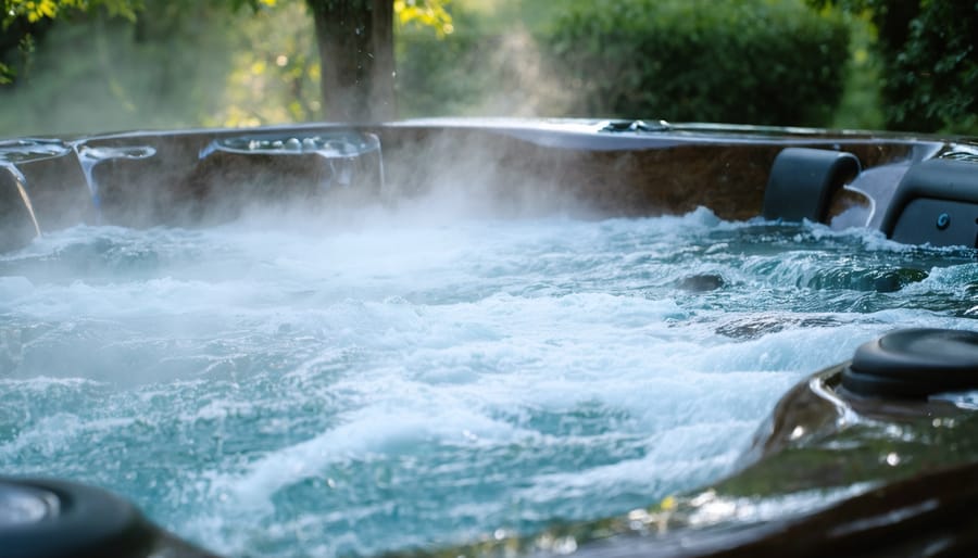 "Luxurious outdoor hot tub steaming in a serene garden setting, showcasing the relaxing and health-enhancing qualities of hot tub therapy."