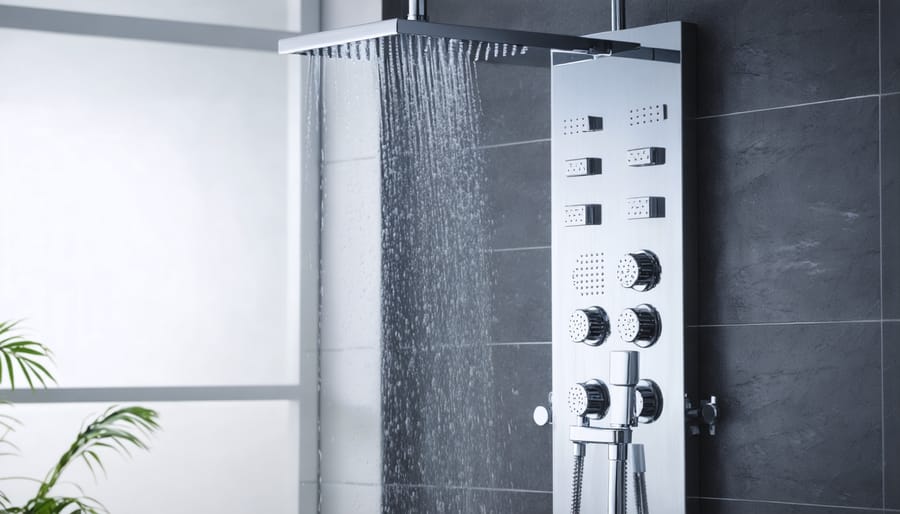 Modern bathroom featuring a triple shower head system with rainfall, handheld, and body spray heads