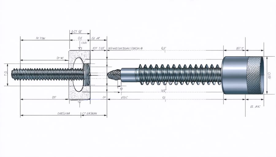 Labeled diagram showing lead screw parts including the screw, nut, mounting brackets, and thread details