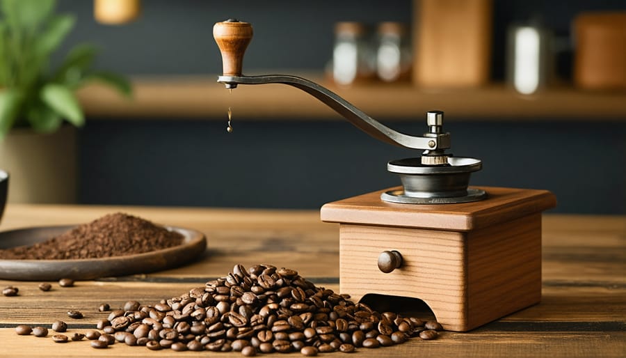 Traditional manual coffee grinder with wooden base and metal grinding mechanism