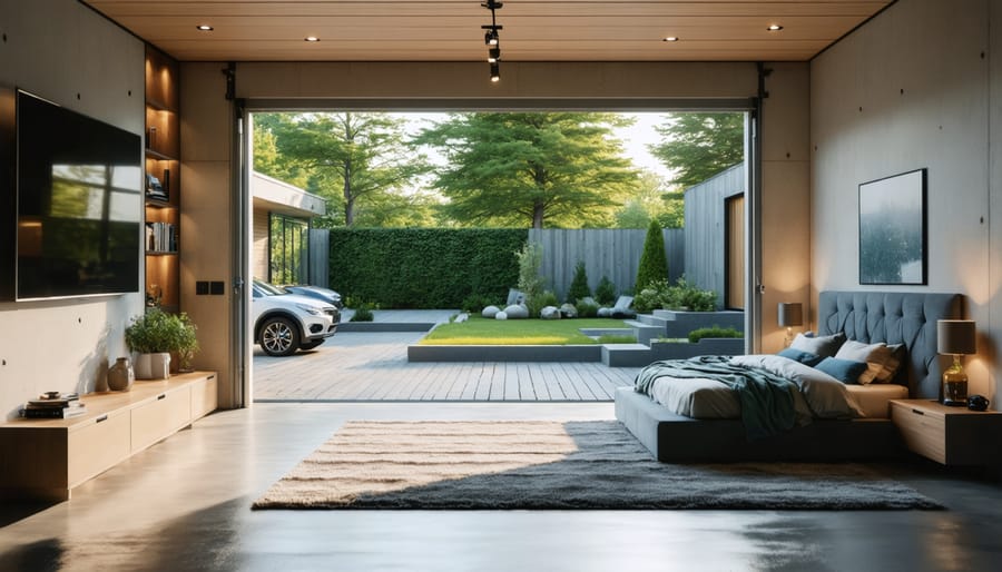 Converted garage bedroom with natural light, wooden beams, and modern decor