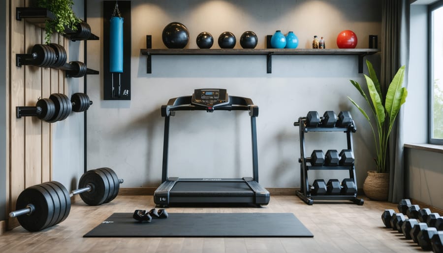 Organized home gym setup in corner of living room with neatly stored equipment