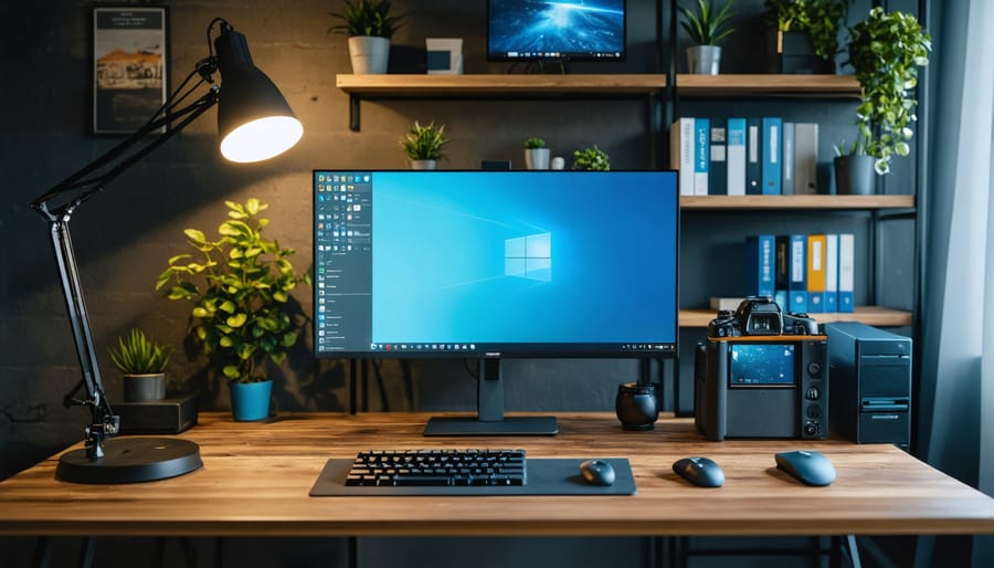 Secure home office setup with privacy screen and organized workspace